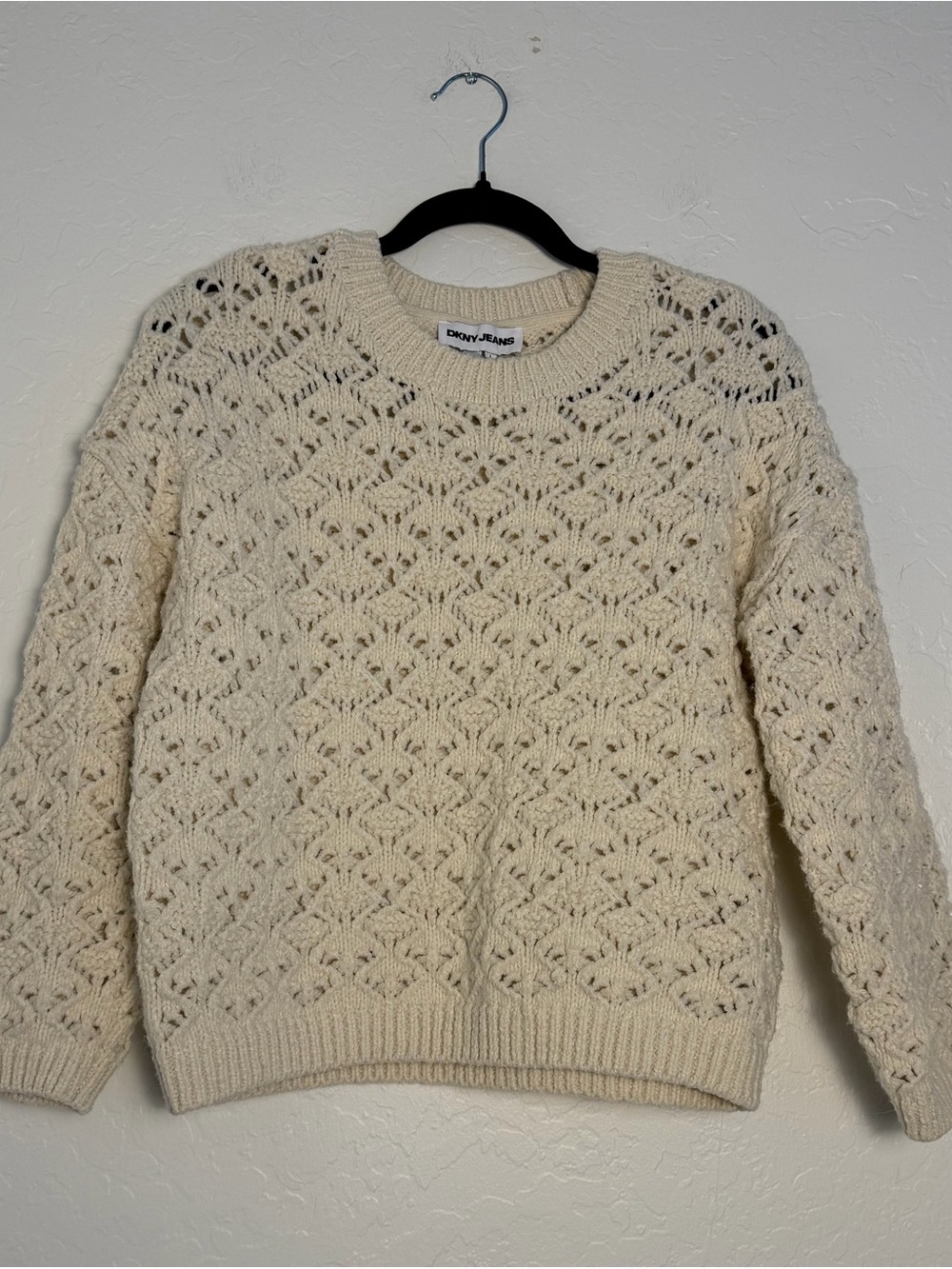 DKNY Jeans Women's Large Crochet Knit Sweater Cream Open-Work point Elle Diamond